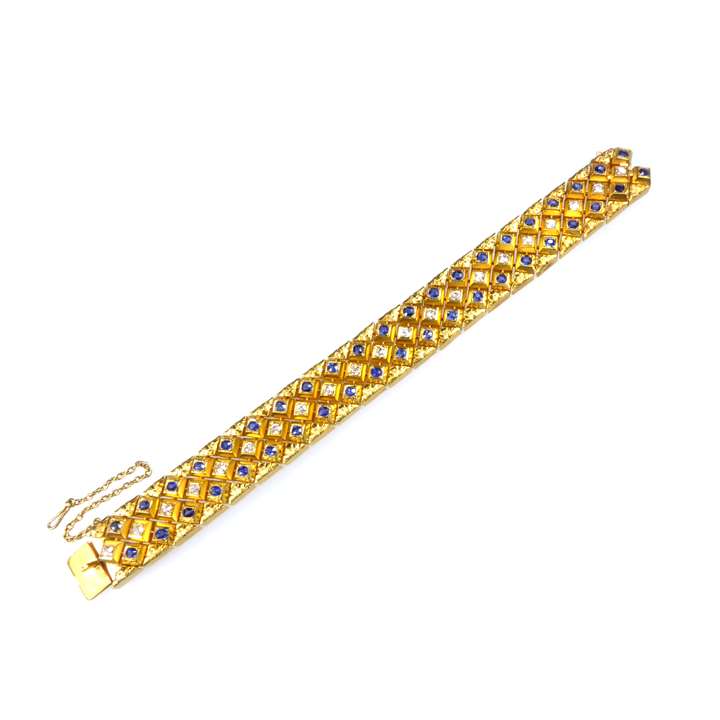Gold, sapphire and diamond articulated lozenge collet strap bracelet